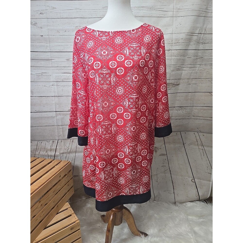 Talbots Red Bandana Tunic Top Women's M Sheer Navy Blue Trim Cover‎ up Patriotic